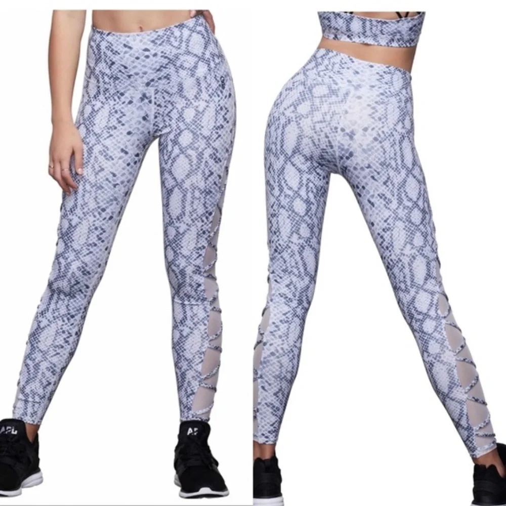 NWT Good American High Waisted Leggings Snake Python Print Mesh Grey White  2